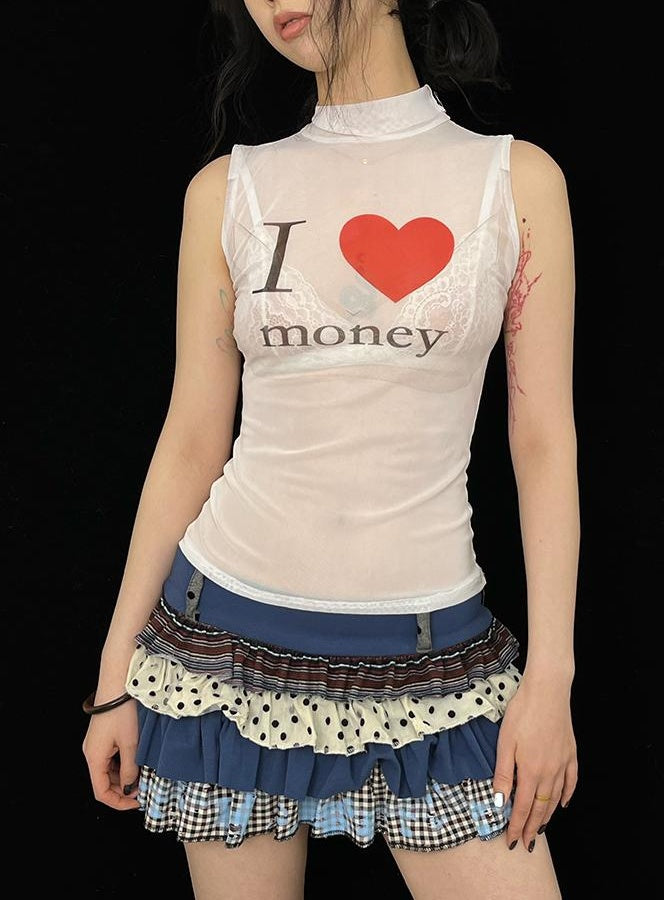 Sheer Mesh Slim Fit Sleeveless Top I Love Series T-Shirt