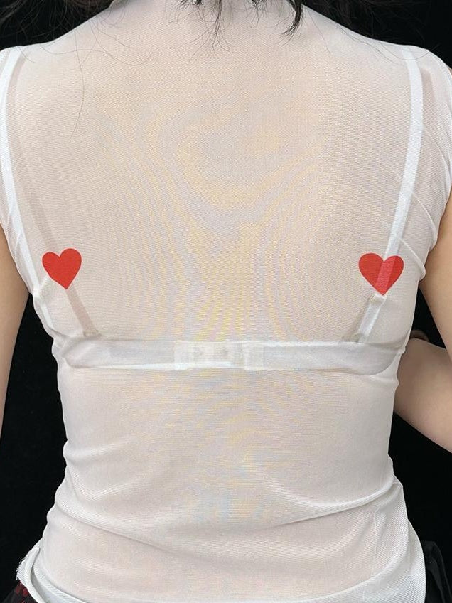 Sheer Mesh Slim Fit Sleeveless Top I Love Series T-Shirt