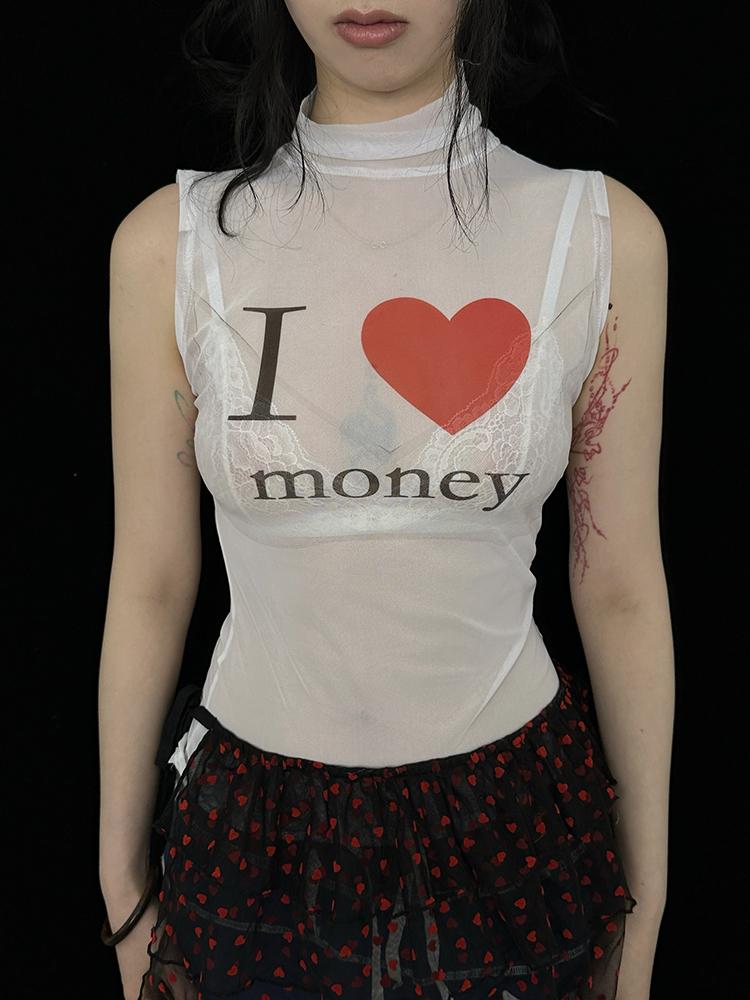 Sheer Mesh Slim Fit Sleeveless Top I Love Series T-Shirt
