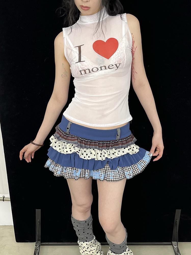 Sheer Mesh Slim Fit Sleeveless Top I Love Series T-Shirt
