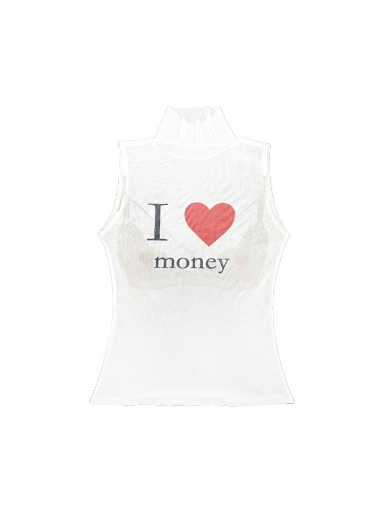 Sheer Mesh Slim Fit Sleeveless Top I Love Series T-Shirt