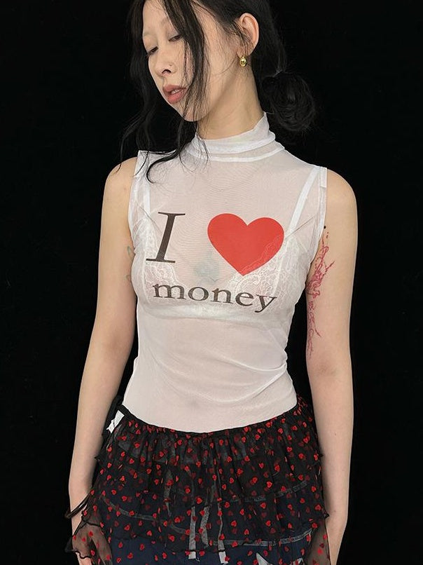 Sheer Mesh Slim Fit Sleeveless Top I Love Series T-Shirt