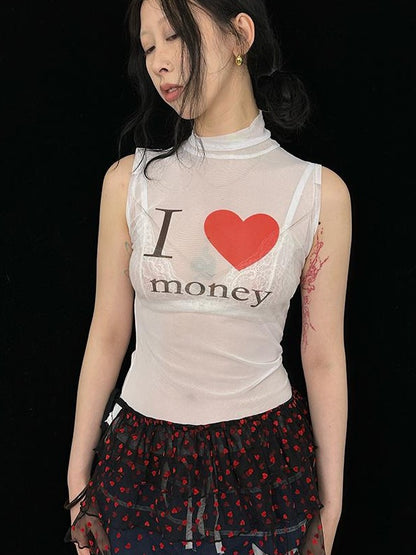 Sheer Mesh Slim Fit Sleeveless Top I Love Series T-Shirt