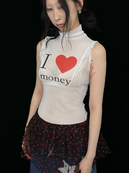 Sheer Mesh Slim Fit Sleeveless Top I Love Series T-Shirt