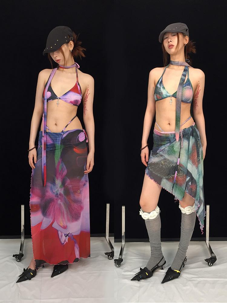 Sheer Print Bikini Set with Scarf  Swim Skirt 4pcs Swimwear