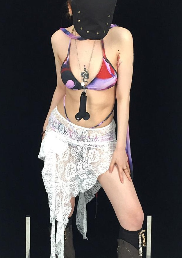Sheer Print Bikini Set with Scarf  Swim Skirt 4pcs Swimwear