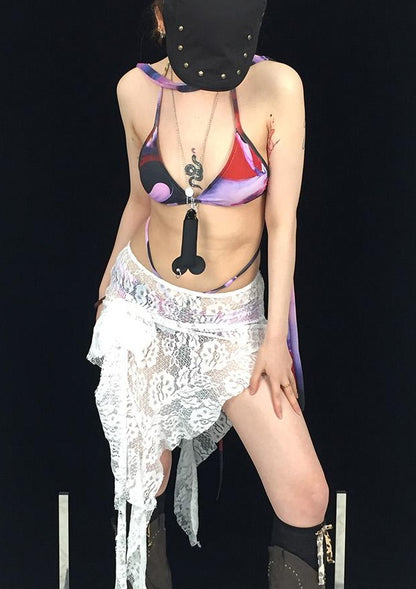 Sheer Print Bikini Set with Scarf  Swim Skirt 4pcs Swimwear