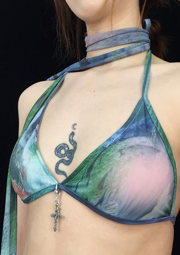Sheer Print Bikini Set with Scarf  Swim Skirt 4pcs Swimwear
