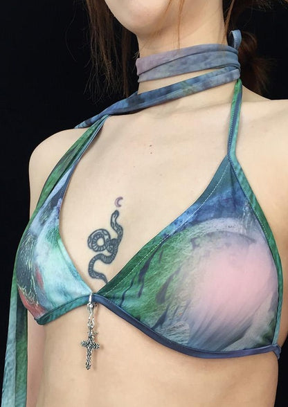 Sheer Print Bikini Set with Scarf  Swim Skirt 4pcs Swimwear
