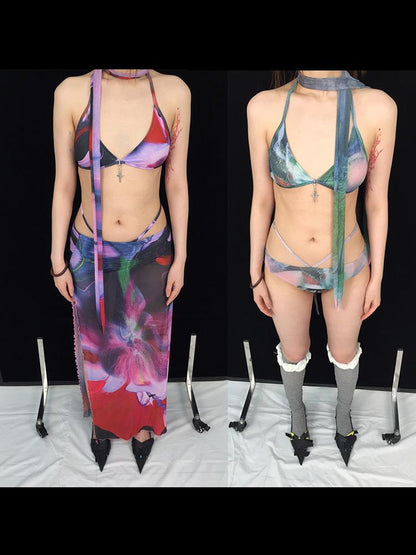 Sheer Print Bikini Set with Scarf  Swim Skirt 4pcs Swimwear