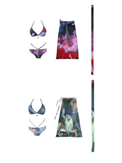 Sheer Print Bikini Set with Scarf  Swim Skirt 4pcs Swimwear