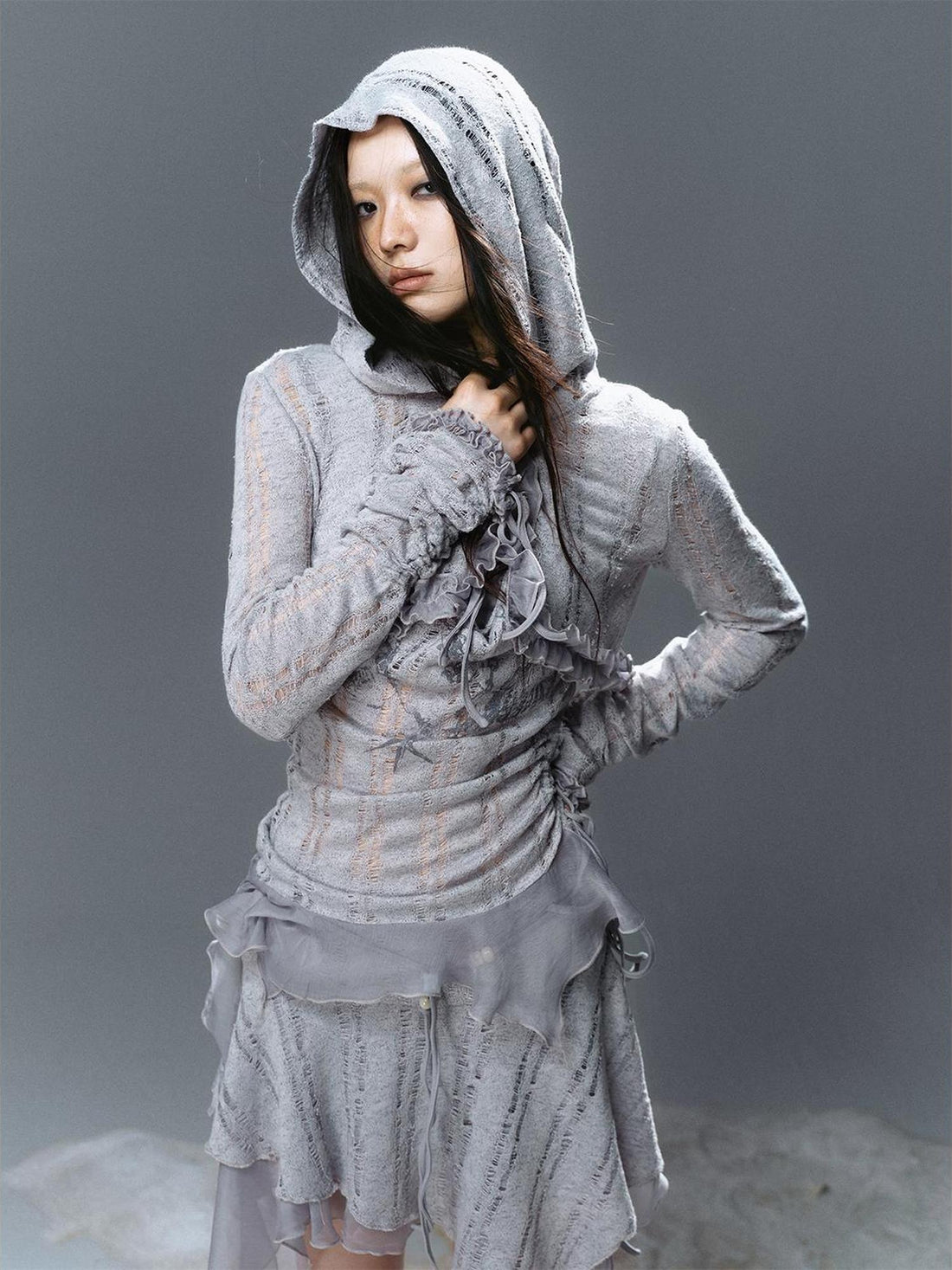 Cest Nous Sheer Striped Lace Peplum Hooded Top Women