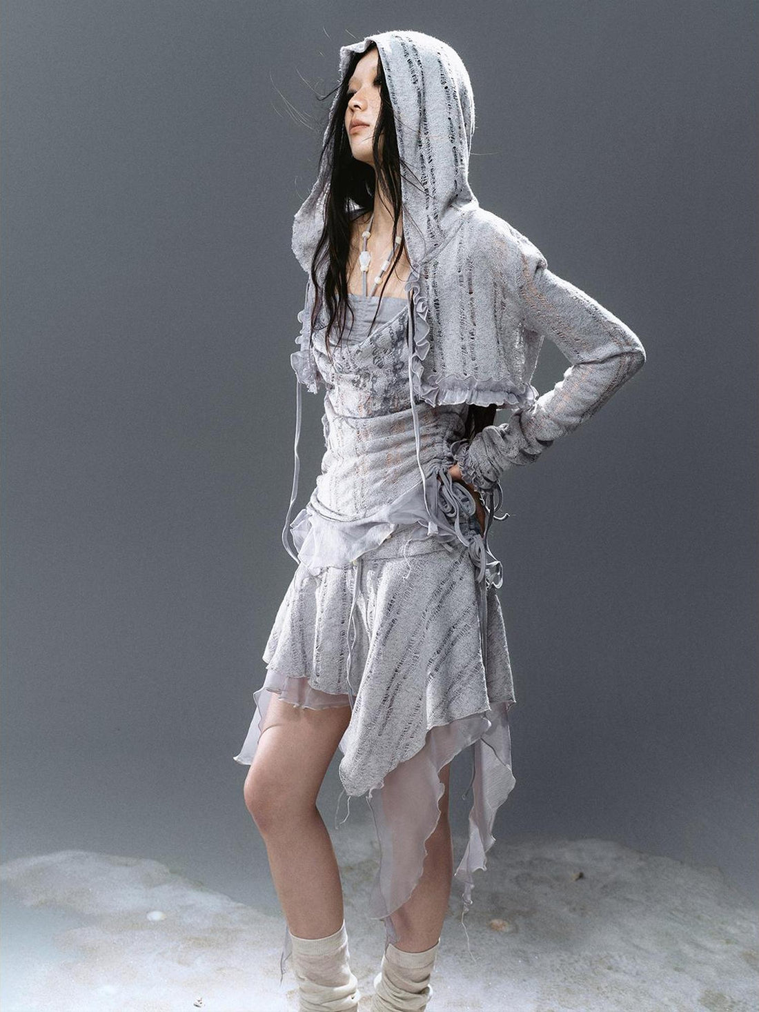 Cest Nous Sheer Striped Lace Peplum Hooded Top Women