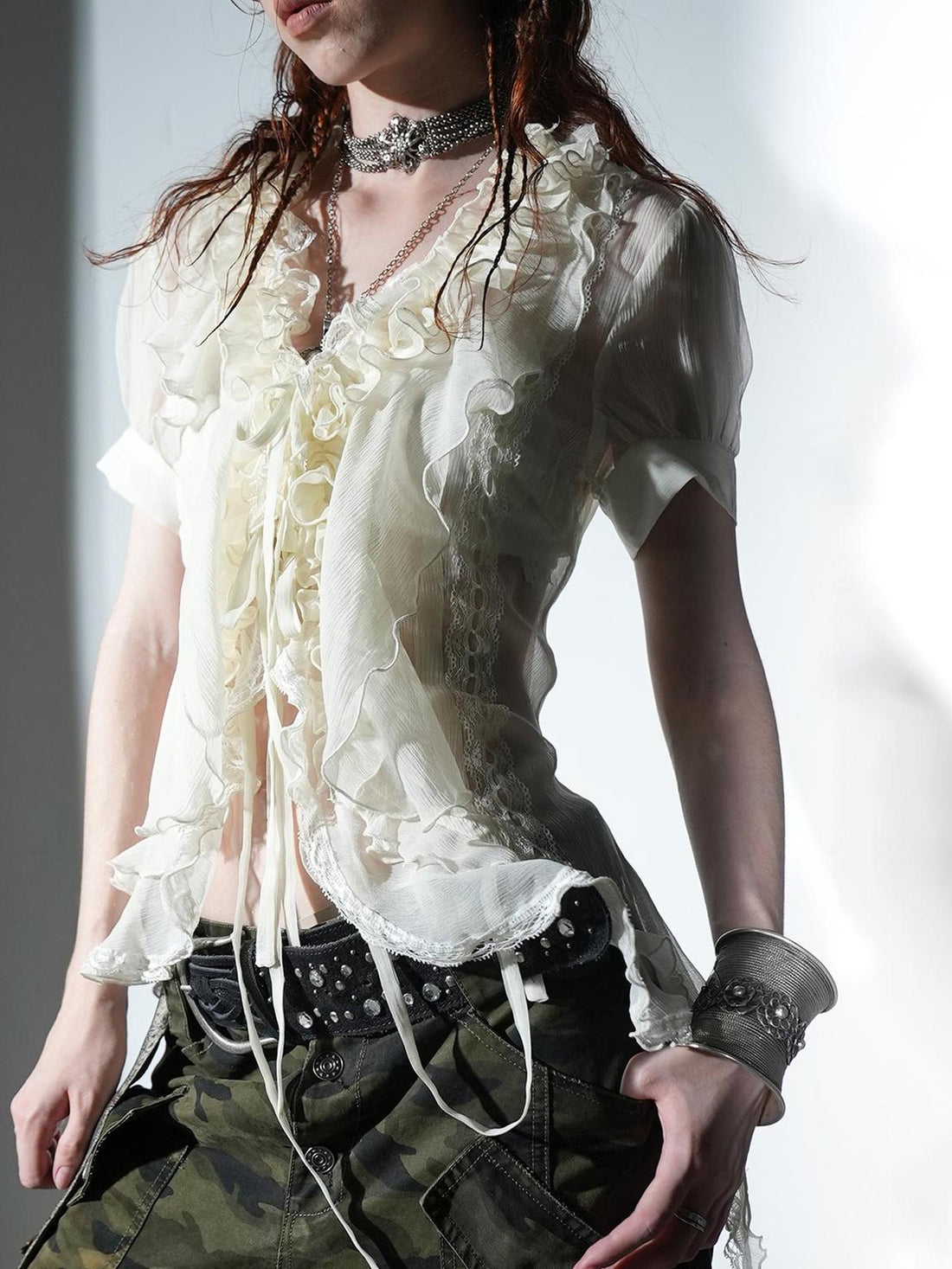 DoublePunch Sheer Textured Jellyfish Blouse With Layered Hem Shirt
