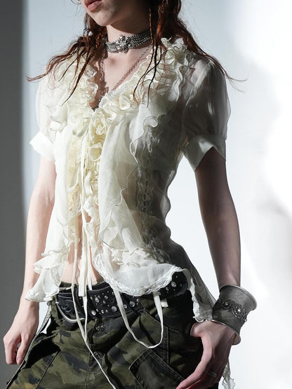DoublePunch Sheer Textured Jellyfish Blouse With Layered Hem Shirt