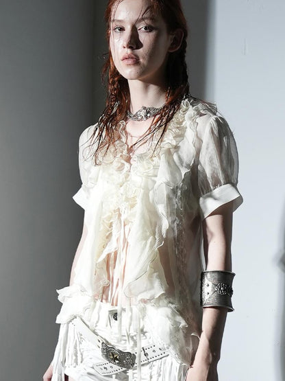 DoublePunch Sheer Textured Jellyfish Blouse With Layered Hem Shirt