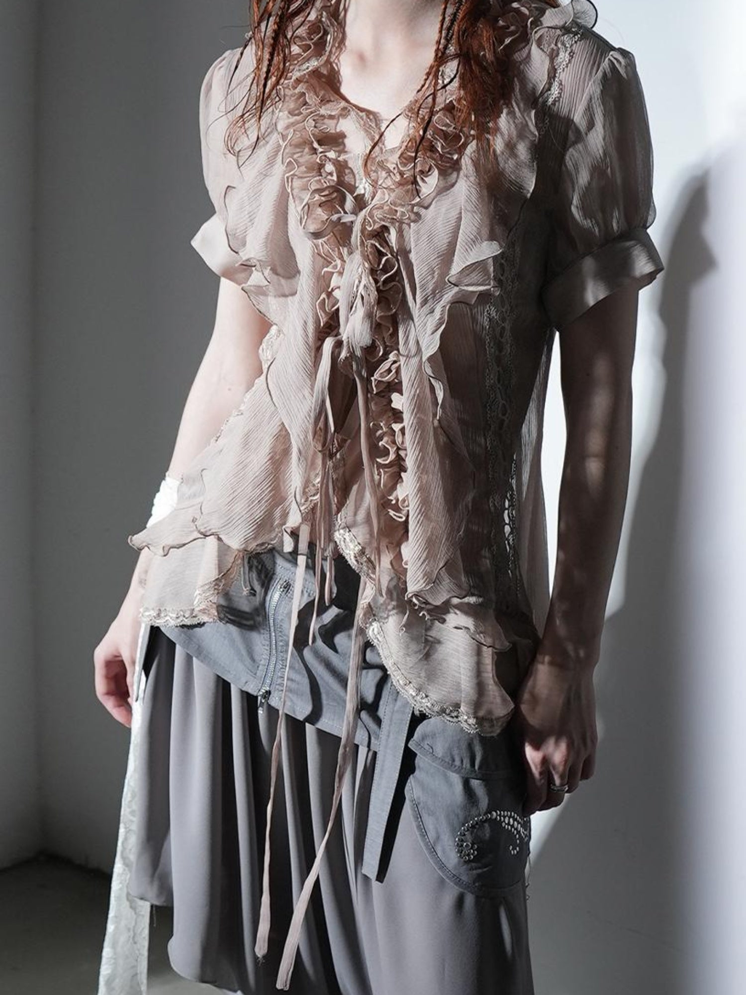 DoublePunch Sheer Textured Jellyfish Blouse With Layered Hem Shirt