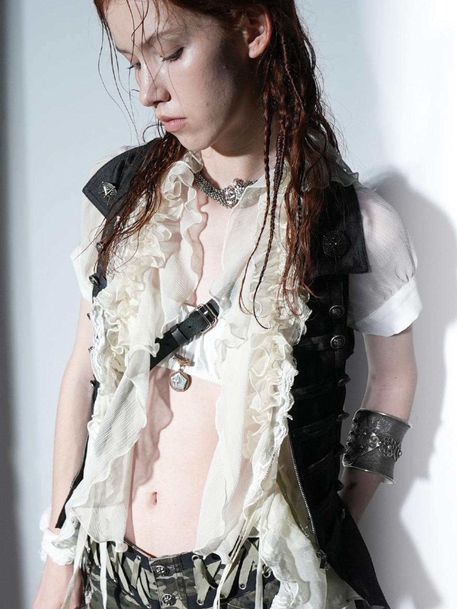DoublePunch Sheer Textured Jellyfish Blouse With Layered Hem Shirt
