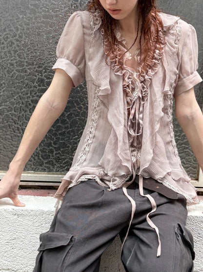 DoublePunch Sheer Textured Jellyfish Blouse With Layered Hem Shirt