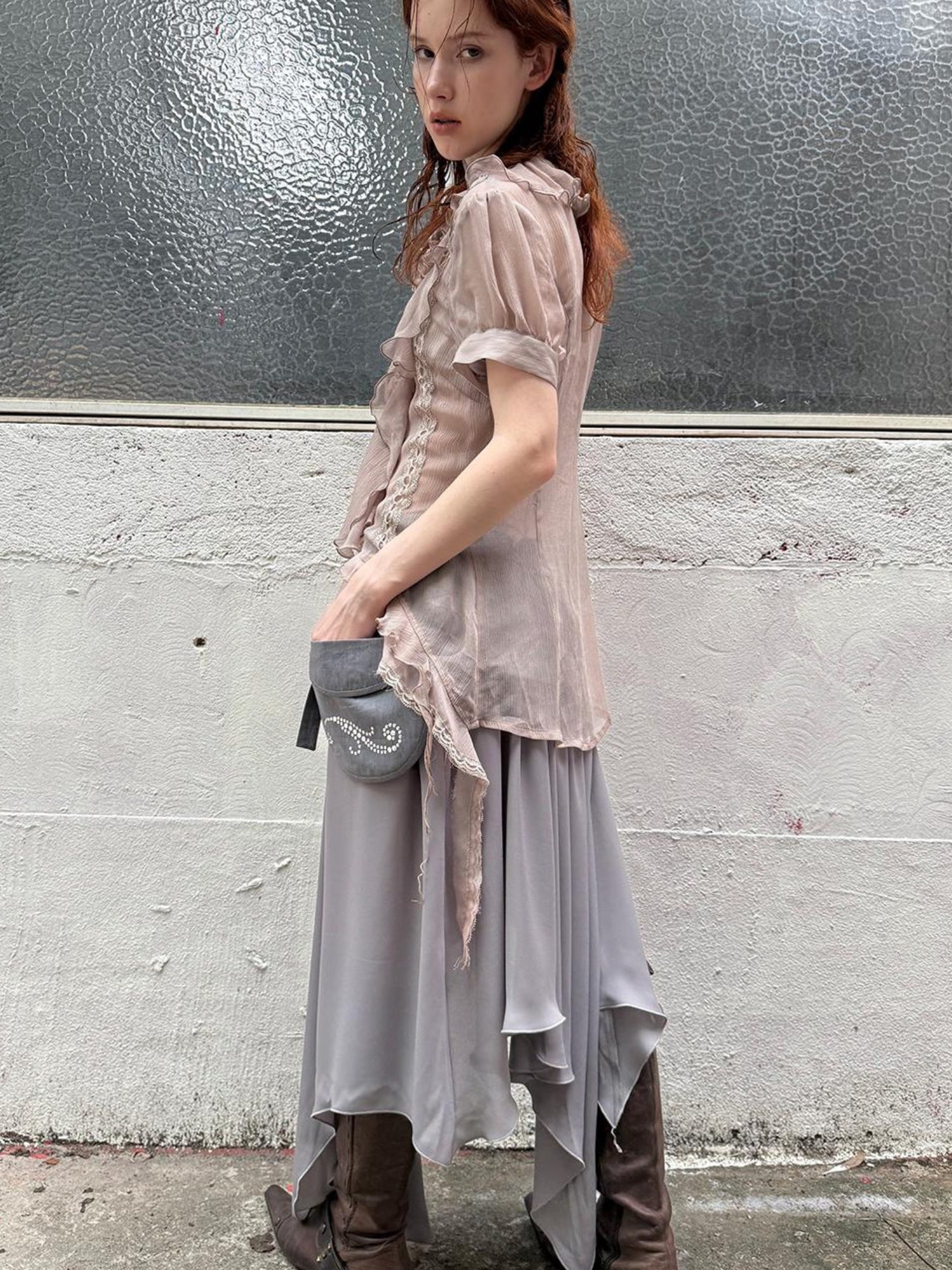 DoublePunch Sheer Textured Jellyfish Blouse With Layered Hem Shirt