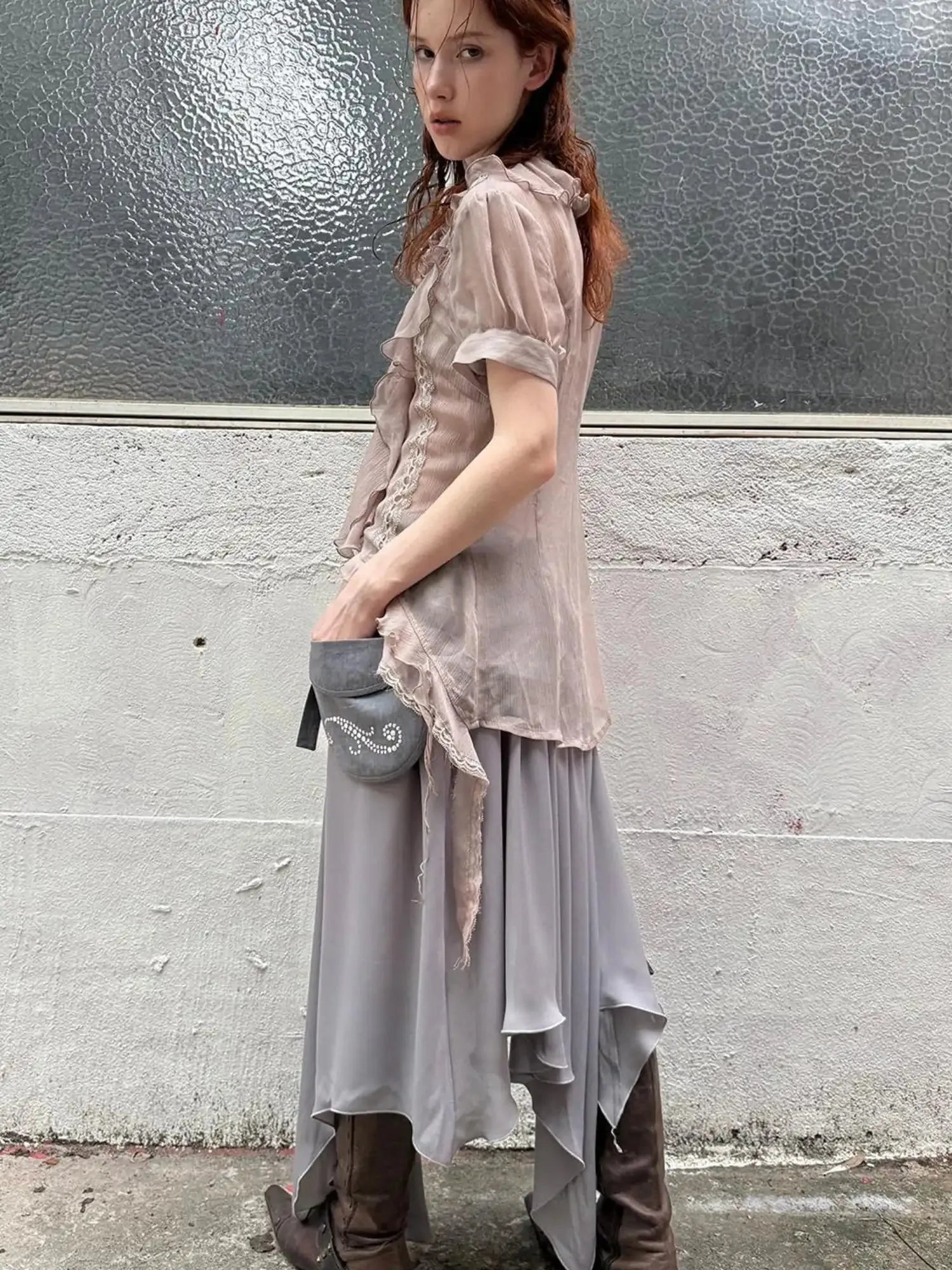 Sheer Textured Jellyfish Blouse With Layered Hem Shirt