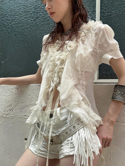 DoublePunch Sheer Textured Jellyfish Blouse With Layered Hem Shirt
