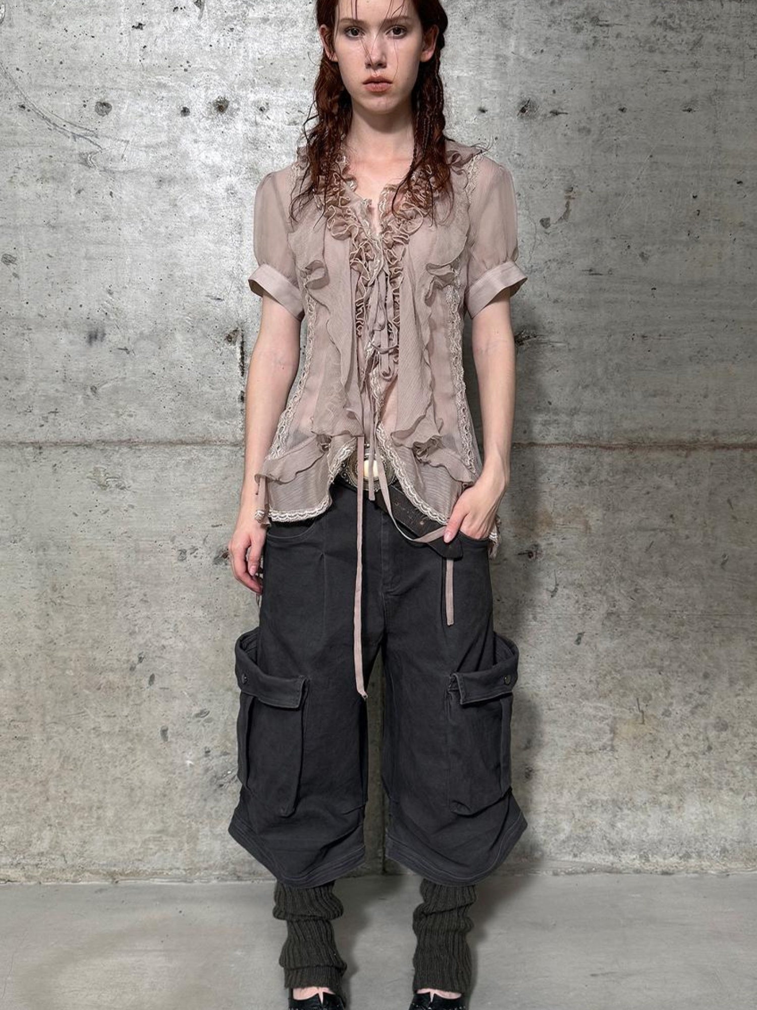 DoublePunch Sheer Textured Jellyfish Blouse With Layered Hem Shirt