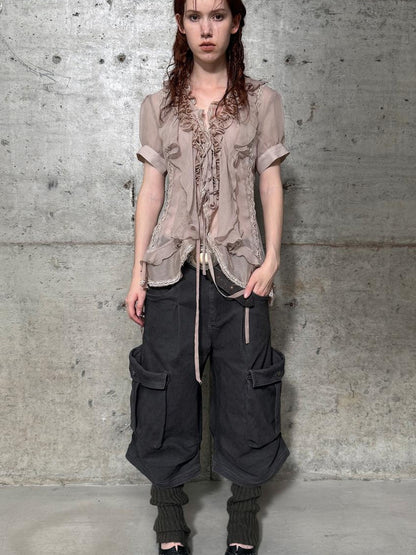 DoublePunch Sheer Textured Jellyfish Blouse With Layered Hem Shirt