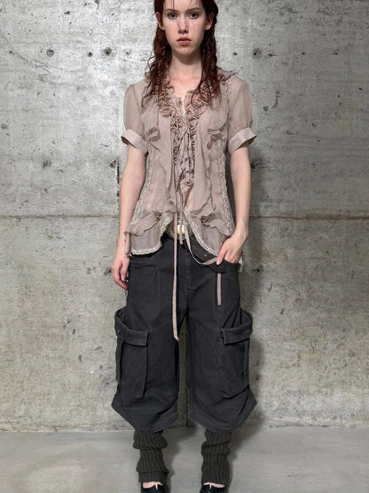 Sheer Textured Jellyfish Blouse With Layered Hem Shirt