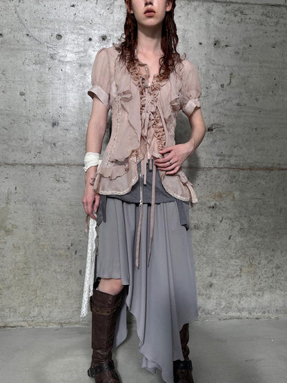 DoublePunch Sheer Textured Jellyfish Blouse With Layered Hem Shirt