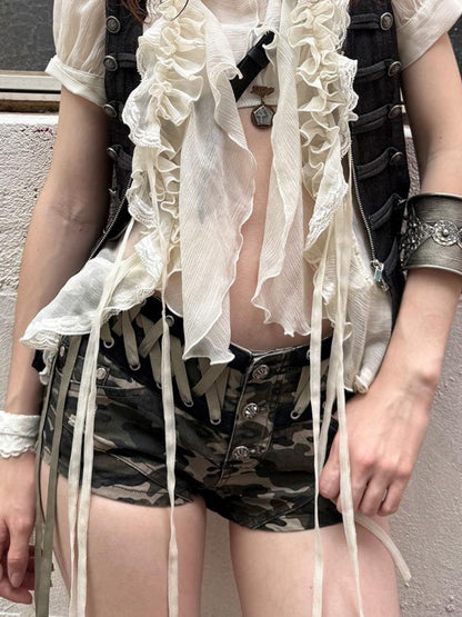 DoublePunch Sheer Textured Jellyfish Blouse With Layered Hem Shirt