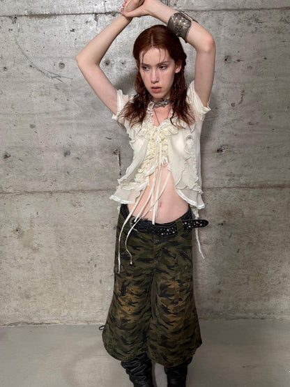 DoublePunch Sheer Textured Jellyfish Blouse With Layered Hem Shirt