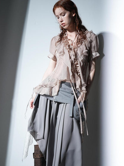 DoublePunch Sheer Textured Jellyfish Blouse With Layered Hem Shirt