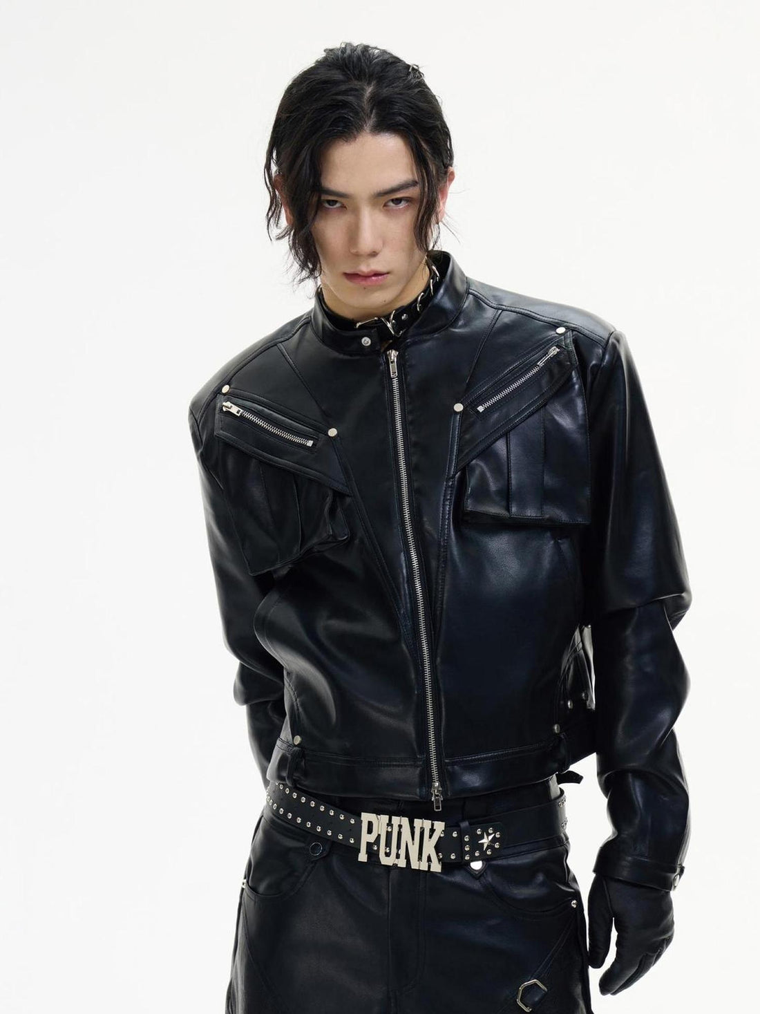 Peoplesense Short Metal Zipper Biker Jacket Slim Fit Unisex Leather Coat