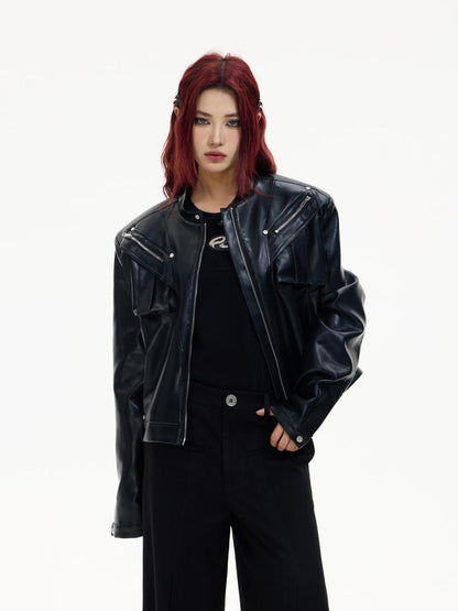 Peoplesense Short Metal Zipper Biker Jacket Slim Fit Unisex Leather Coat