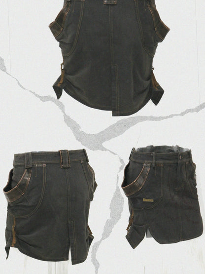 Vintage Washed Embroidered Jacket Skirt Set with Detachable Fur Collar