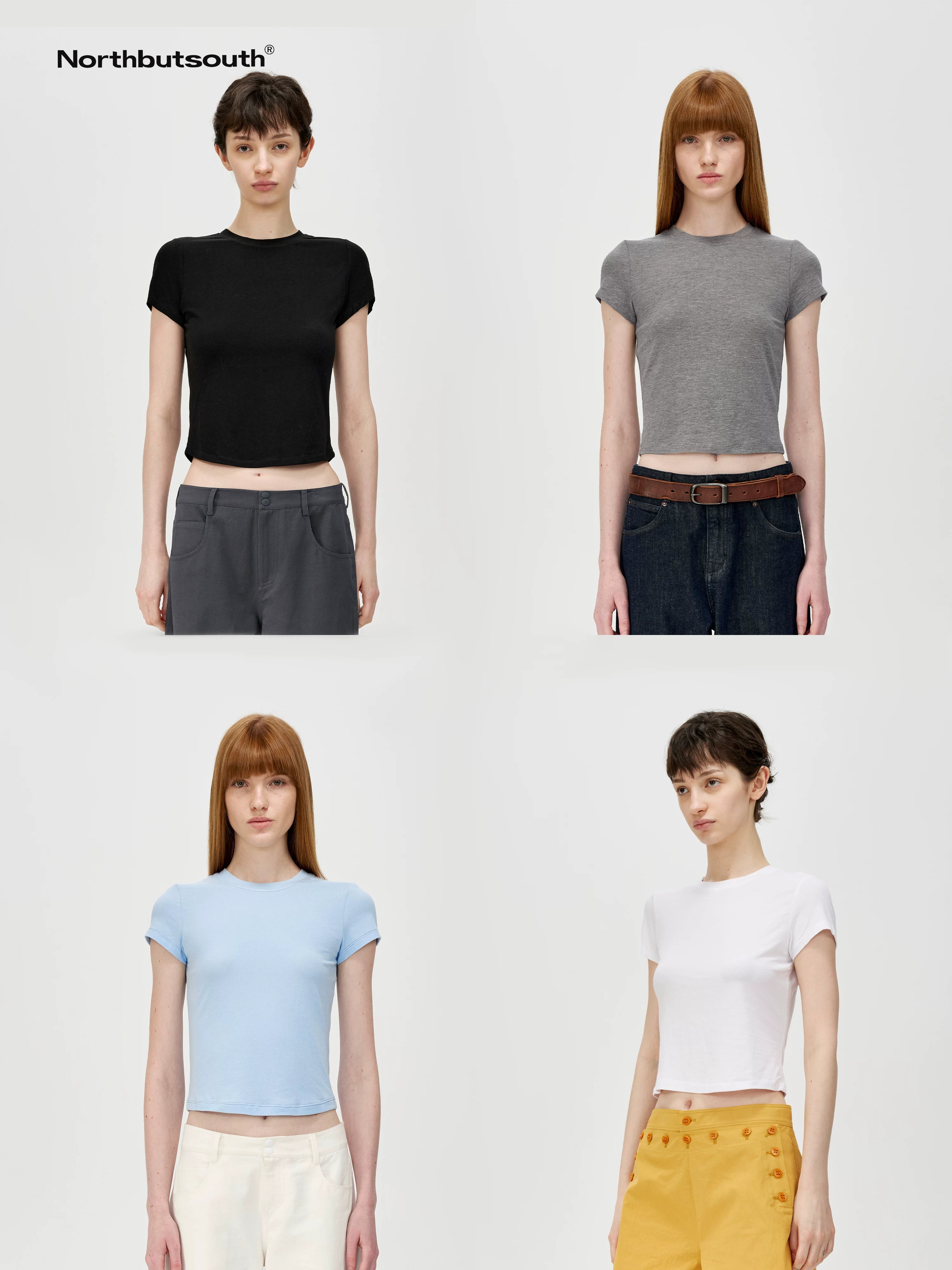 Short Sleeve Crop T-Shirt Classic Round Neck High Stretch Slim Fit Basic Tee Multi Colors