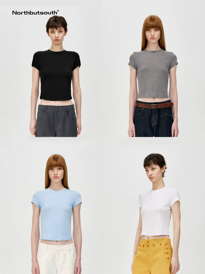 Short Sleeve Crop T-Shirt Classic Round Neck High Stretch Slim Fit Basic Tee Multi Colors