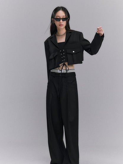 DIDDI MODA Short Sleeve Rope Tie Cargo Blazer