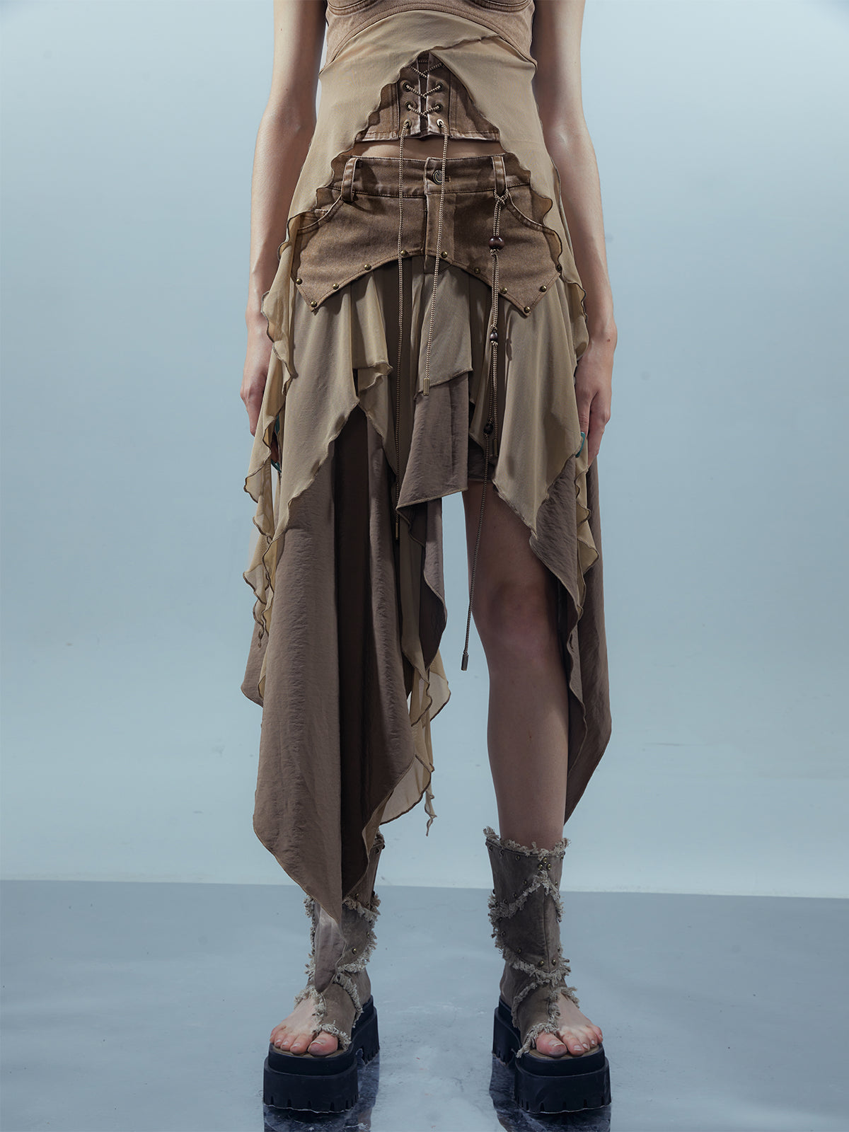 UpdateNN NORTH NODE Ethereal Threads Distressed Asymmetrical Layered Skirt