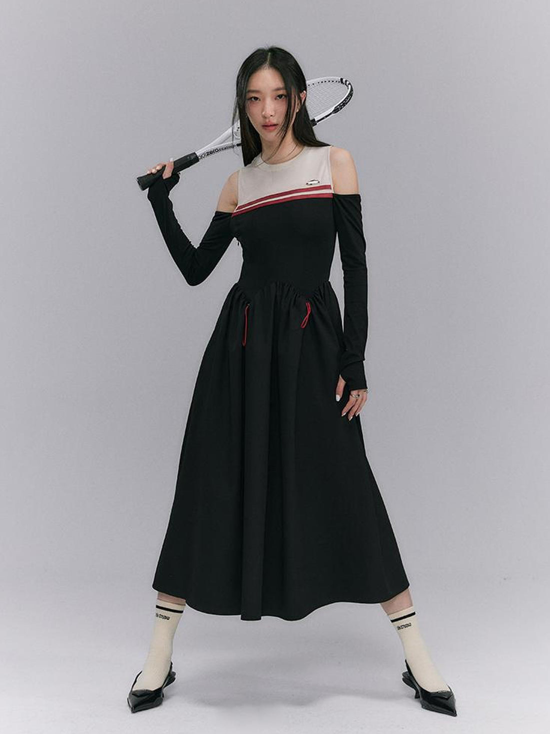 DIDDI MODA Shoulder Cutout Colorblock Knit Maxi Dress