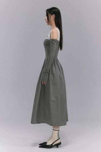 DIDDI MODA Shoulder Cutout Colorblock Knit Maxi Dress