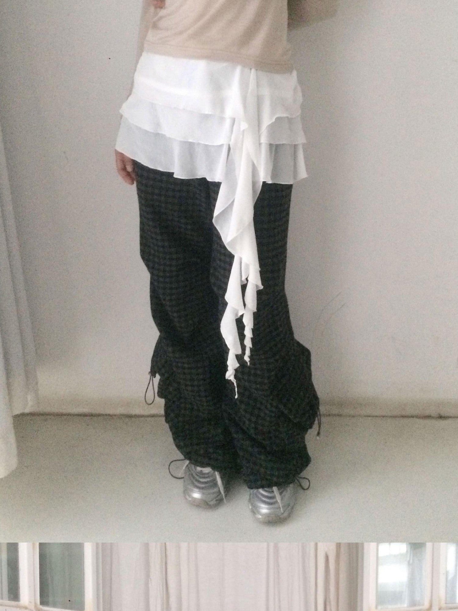 SicAstra Black Grey Mini Check Pocket Hem Drawstring Women&