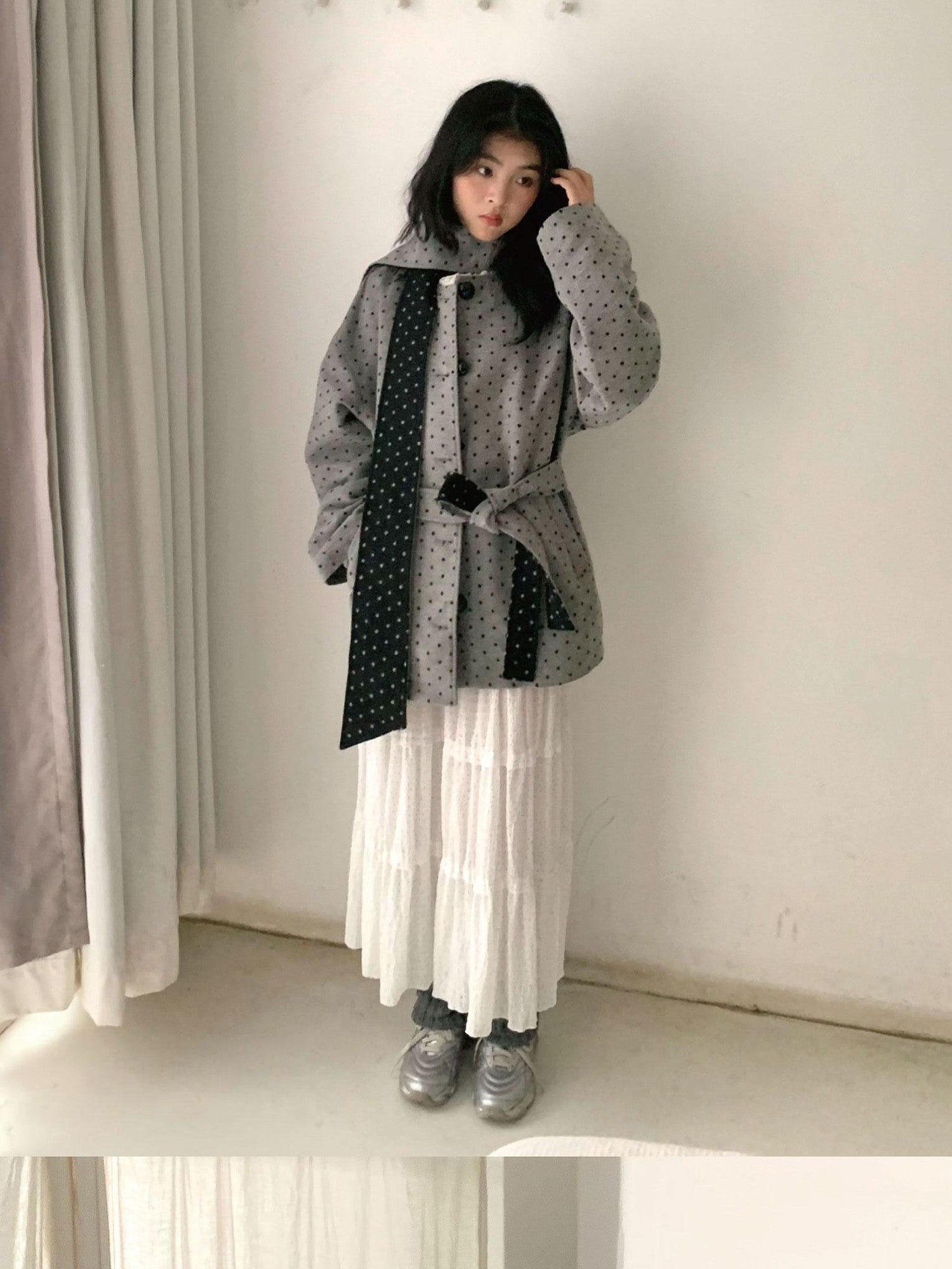SicAstra Black Grey Polka Dot Scarf Belted Wide Fit Women&