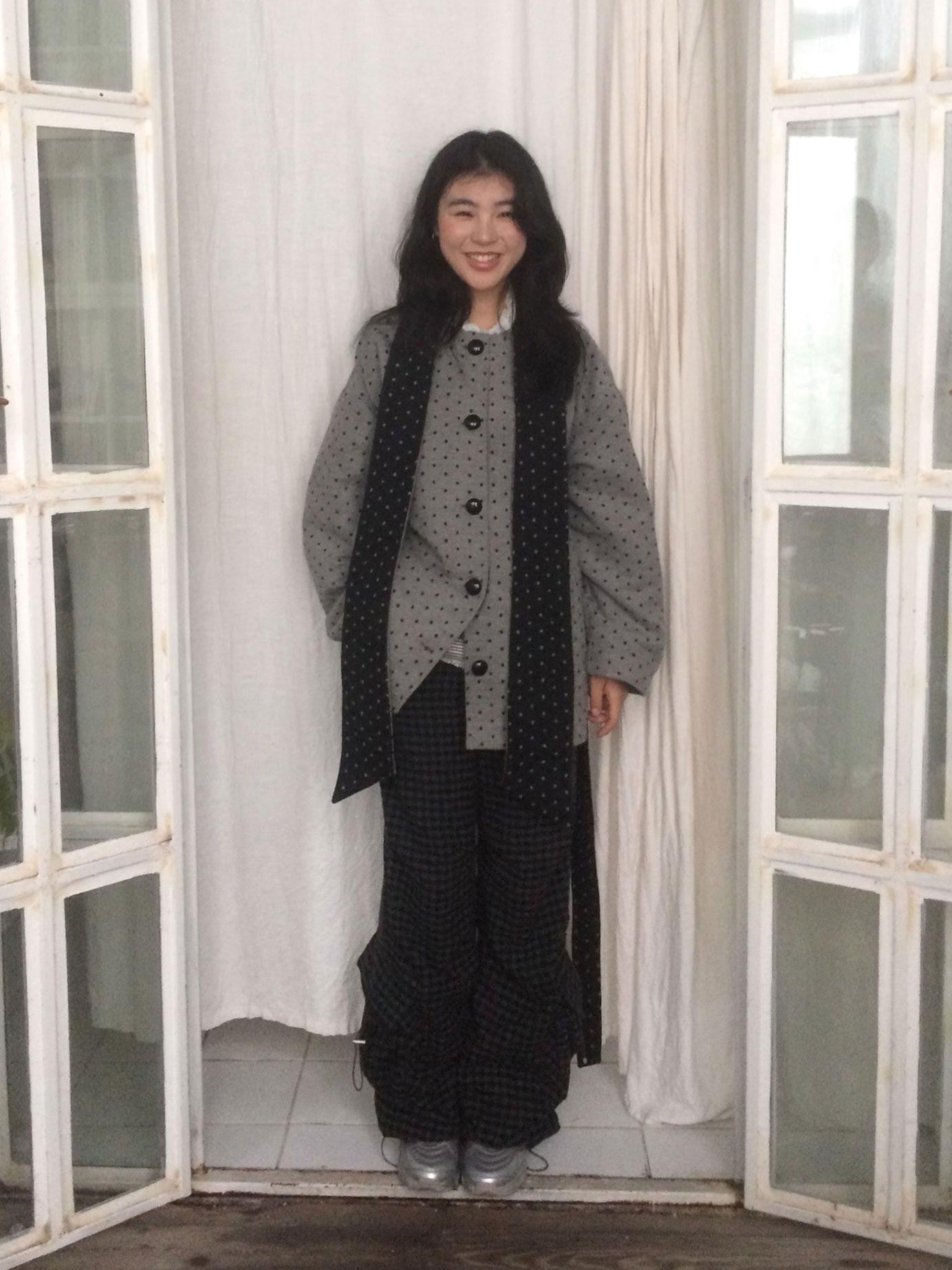 SicAstra Black Grey Polka Dot Scarf Belted Wide Fit Women&