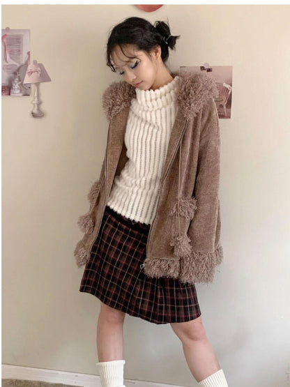 SicAstra Faux Rabbit Fur Draped Neck Patchwork Slim Fit Flare Sleeve Women&