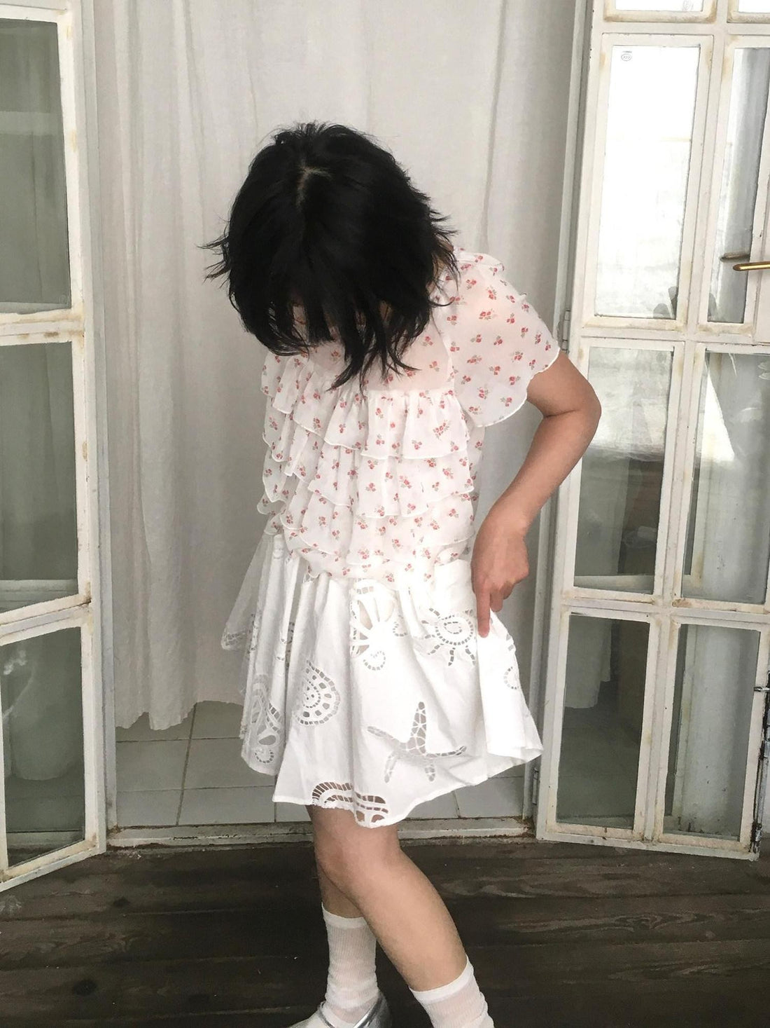 SicAstra Floral Layered Ruffle Crew Neck Raglan Women&