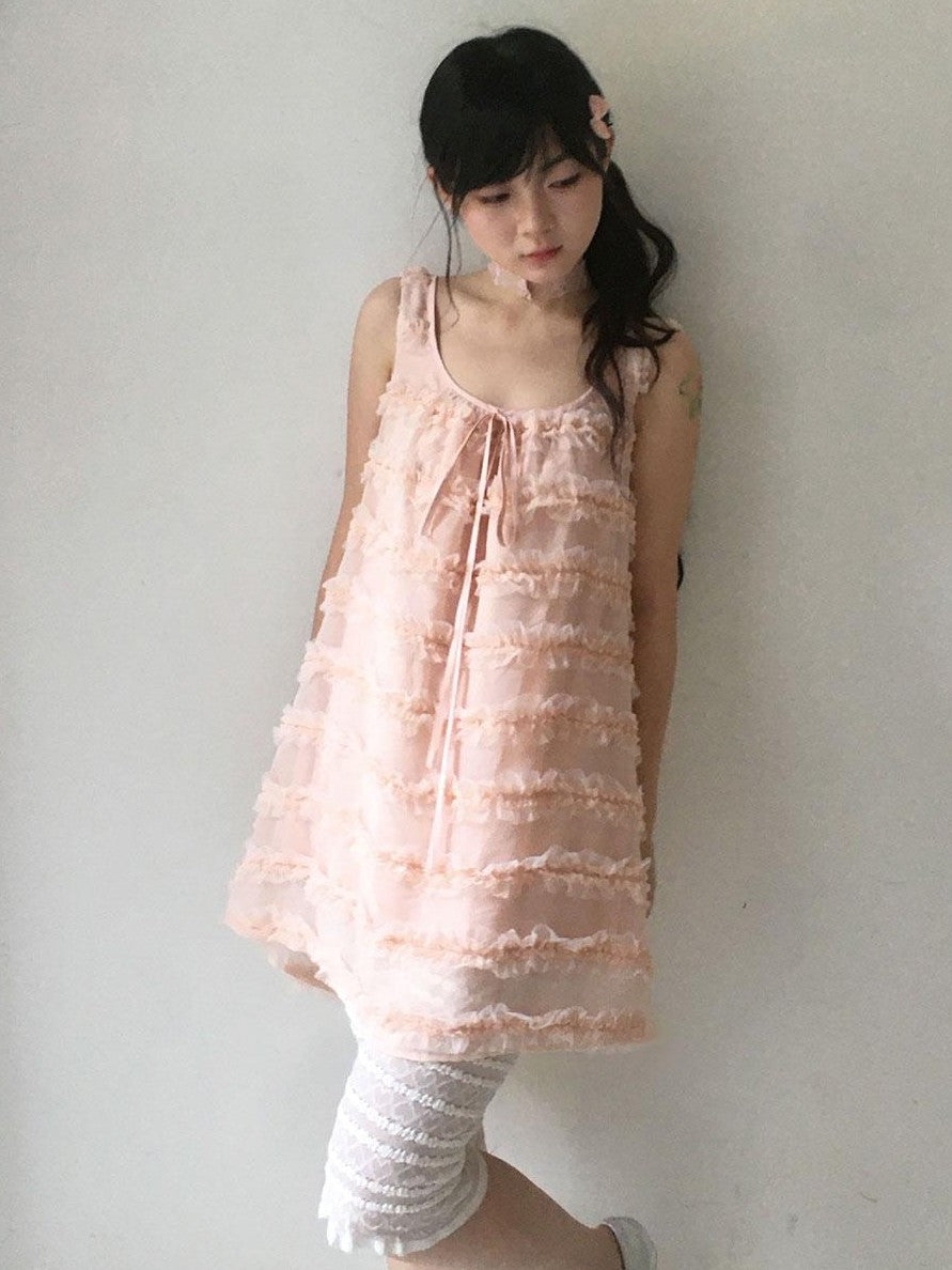 SicAstra Girlish Lace Tulle Spaghetti Strap Bow Tie Tiered Women&