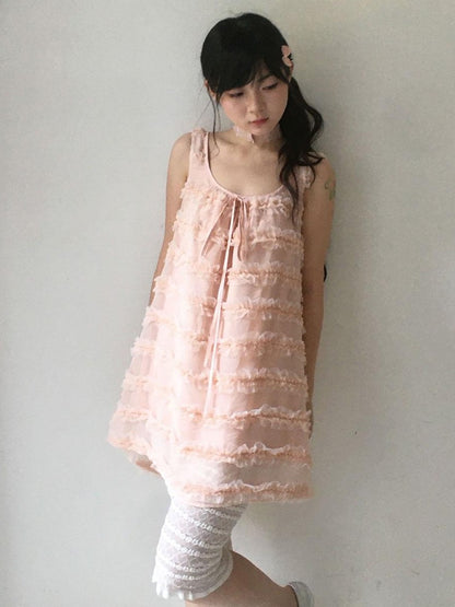 SicAstra Girlish Lace Tulle Spaghetti Strap Bow Tie Tiered Women&