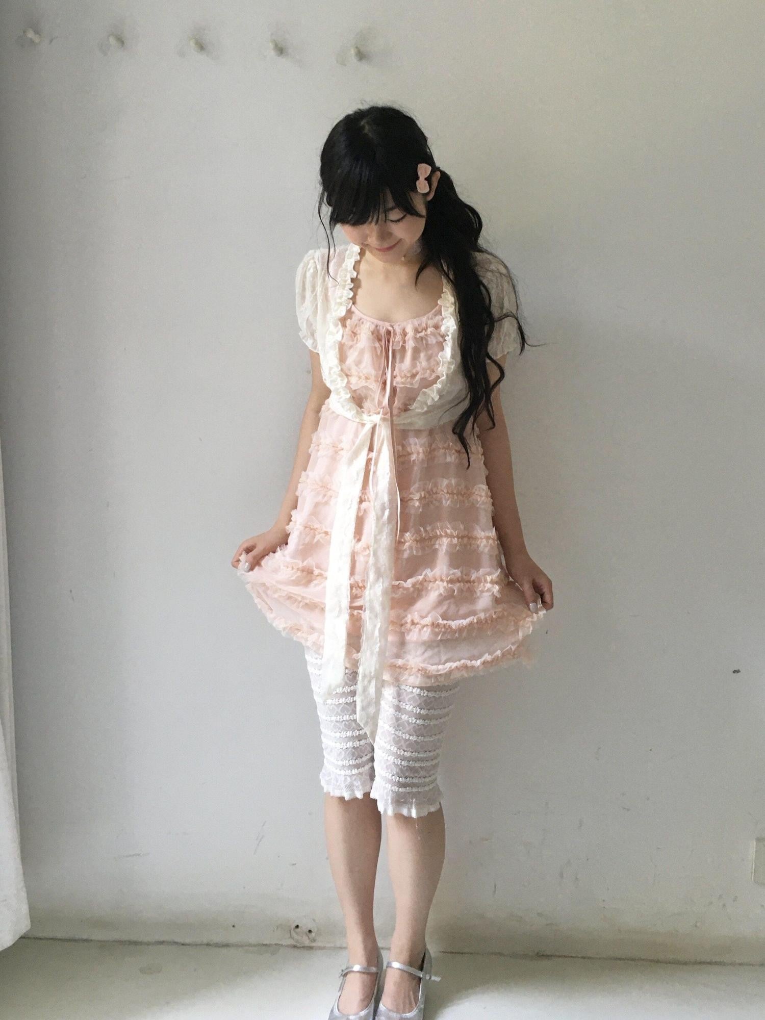 SicAstra Girlish Lace Tulle Spaghetti Strap Bow Tie Tiered Women&